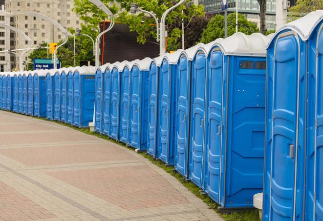 hygienic portable restrooms lined up at a music festival, providing comfort and convenience for attendees in Crestview, FL